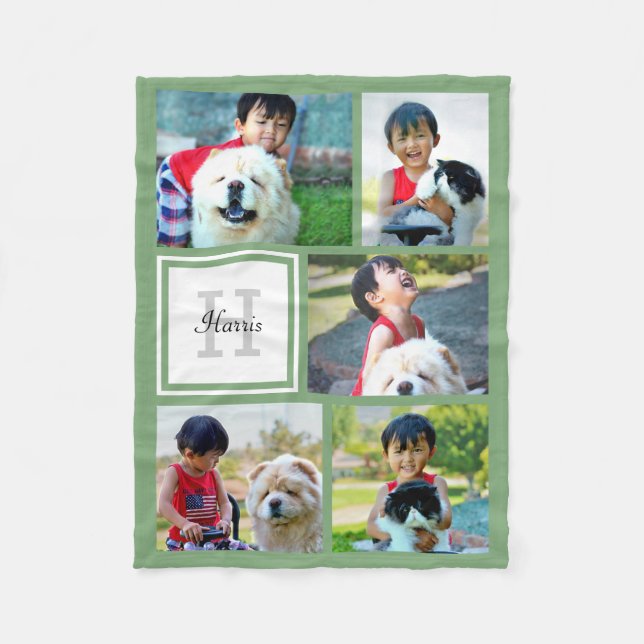 Personalized Sage Green Photo Collage Monogrammed Fleece Blanket (Front)