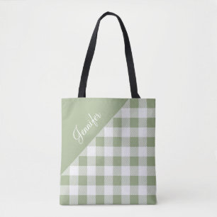 Personalized Sage Green Plaid Tote Bag