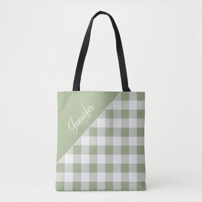 Personalized Sage Green Plaid Tote Bag (Front)