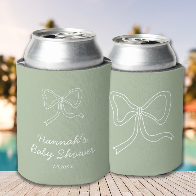 Personalized Sage Green Ribbon Baby Shower Favour Can Cooler (Personalized Sage Green Ribbon Baby Shower Favor Can Cooler)