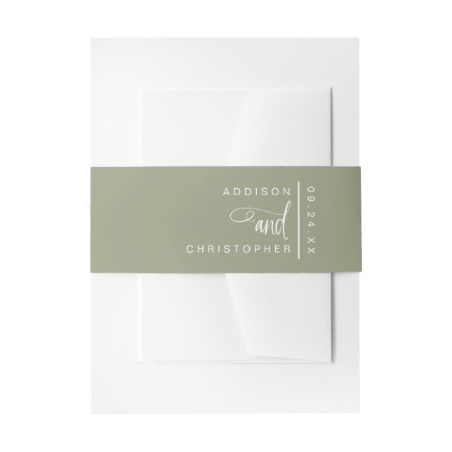 Personalized Sage Green Script Minimalist Wedding Invitation Belly Band (Front Example)