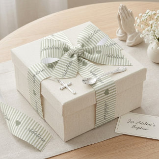 Personalized Sage Green Striped Heart Name Satin Ribbon
