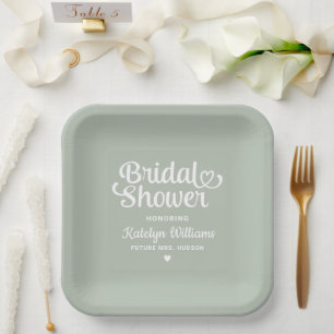 Personalized Sage Green Wedding Bridal Shower Paper Plate
