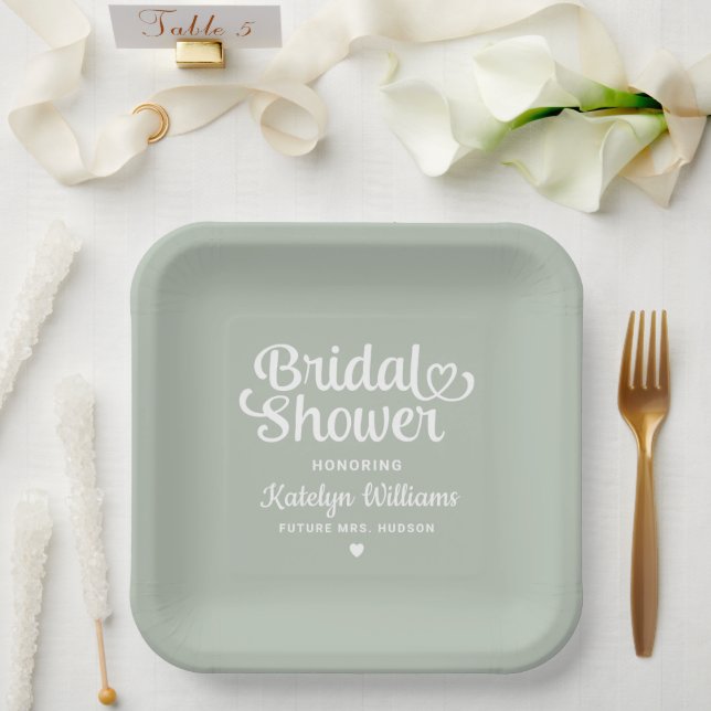 Personalized Sage Green Wedding Bridal Shower Paper Plate (Wedding)