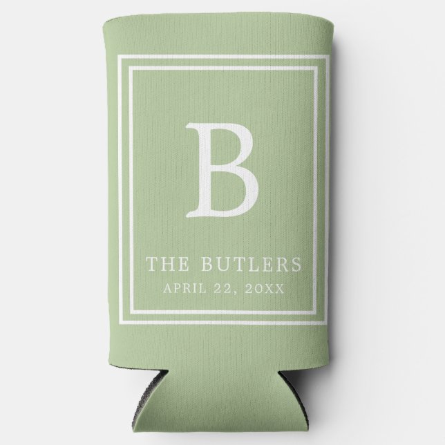Personalized Sage Green Wedding Can Cooler (Front)