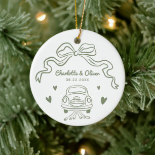 Personalized Sage Hand Drawn Whimsical Bow Wedding Ceramic Ornament