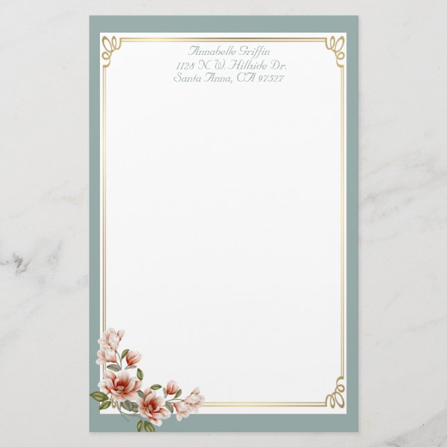 Personalized Sage Magnolia Stationery (Front)