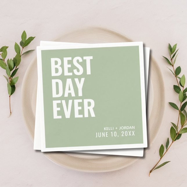 Personalized Sage Modern Best Day Ever Wedding Napkin (Creator Uploaded)