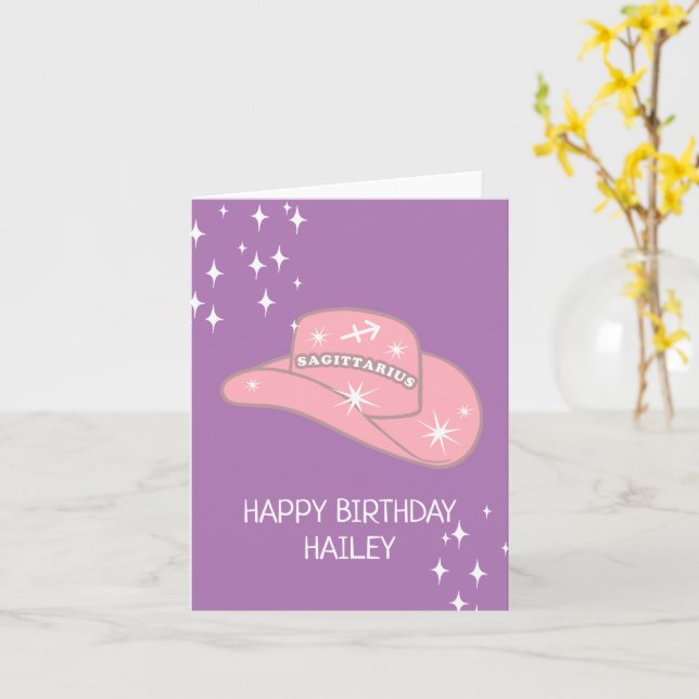 Personalized Sagittarius Zodiac Cowgirl Birthday Card (Yellow Flower)