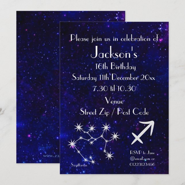Personalized Sagittarius Zodiac Galaxy Party Invitation (Front/Back)