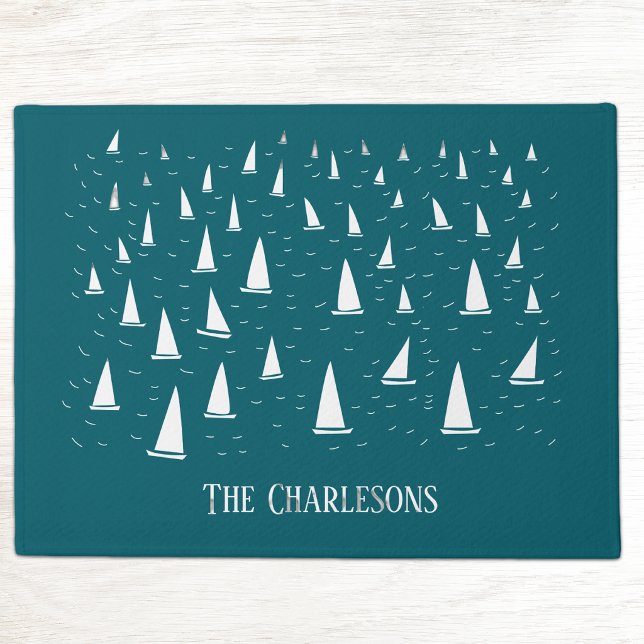 Personalized Sailing Boat Nautical Teal Green Doormat (Personalized family or boat name sailing boat regatta teal green doormat for lake or beach house)