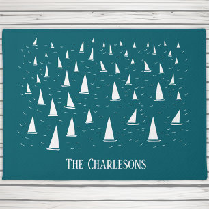 Personalized Sailing Boat Nautical Teal Green Doormat