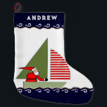 Personalized Sailing Holiday Gift Large Christmas Stocking<br><div class="desc">Sailing-themed Christmas stocking decor and holiday gift idea featuring Santa sailing in a sailboat. To personalize edit text to add name.</div>