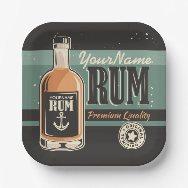 Personalized Sailor Rum Liquor Bottle Retro Sign Paper Plate (Front)