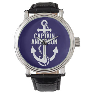 Personalized Sailorman Name Navy Anchor White Text Watch