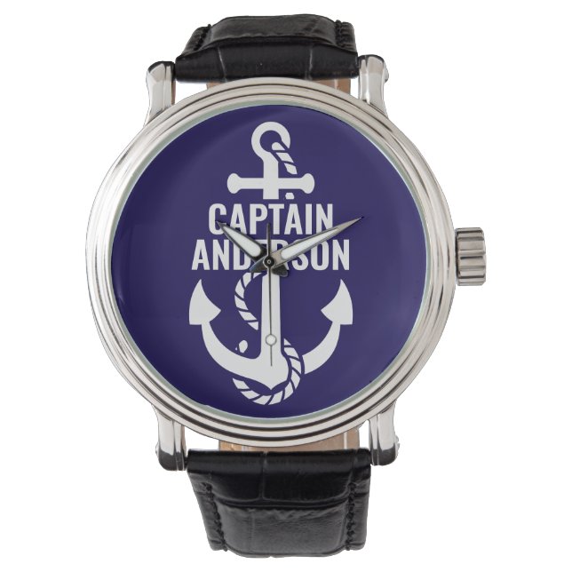 Personalized Sailorman Name Navy Anchor White Text Watch (Front)