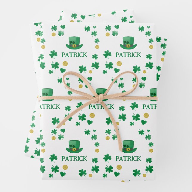 Personalized Saint Patricks Leprechaun Clover Wrapping Paper Sheet (In situ)