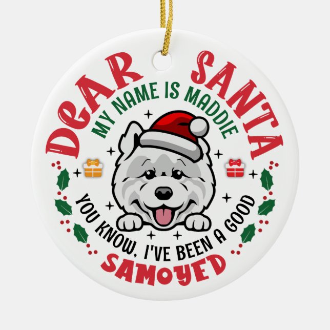 Personalized Samoyed Dog Christmas Tree Round Ceramic Ornament (Front)