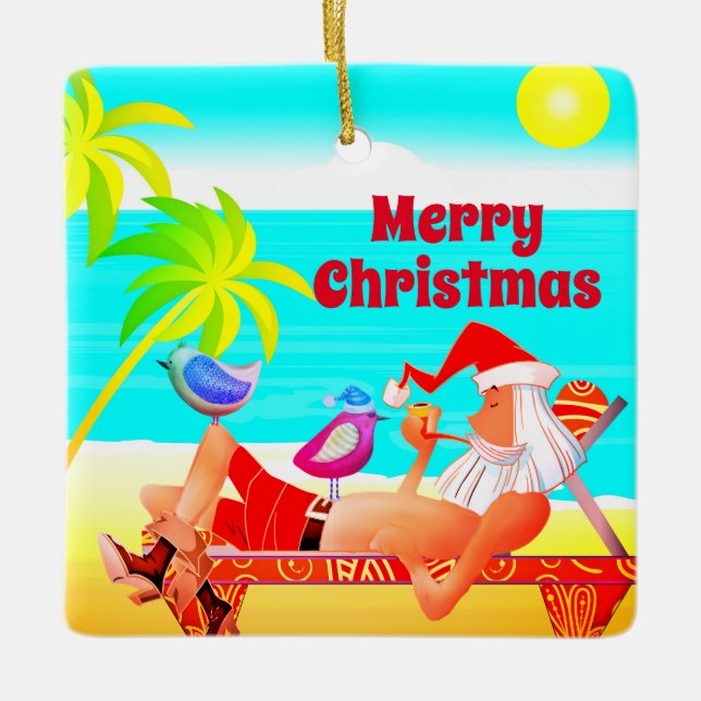 Personalized Santa and Birds Beach Merry Christmas Ceramic Ornament (Front)