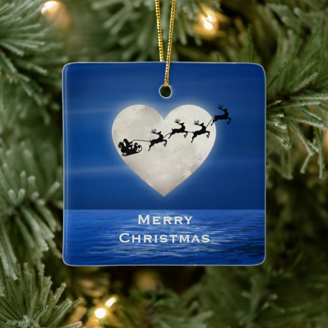 Personalized Santa and Heart Moon Beach Christmas Ceramic Ornament (Tree)