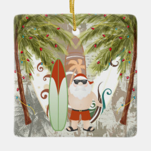 Personalized Santa and Surfboard Beach  Christmas Ceramic Ornament