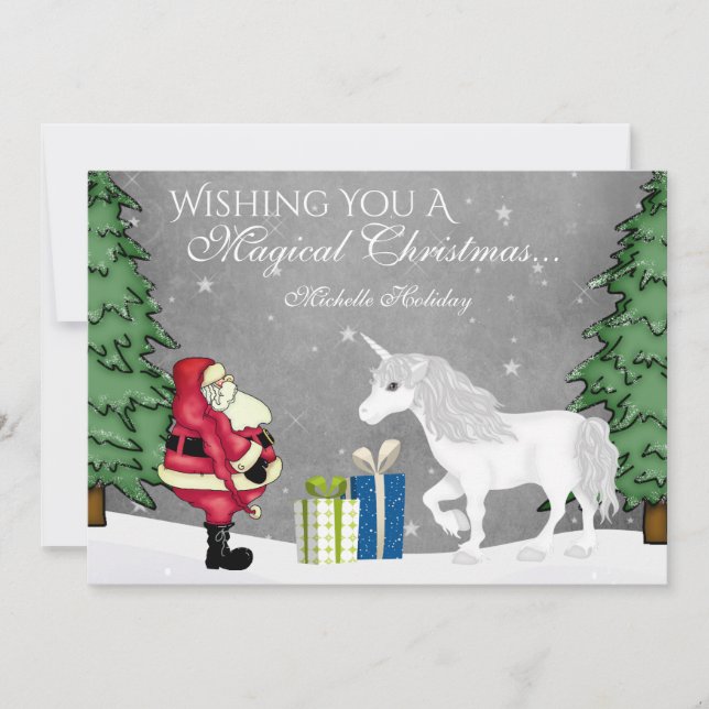 Personalized Santa and Unicorn Christmas Flat Holiday Card (Front)