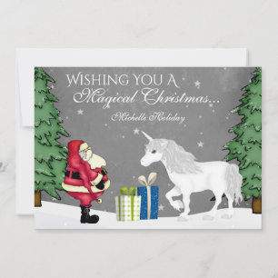 Personalized Santa and Unicorn Christmas Flat Holiday Card