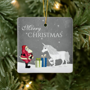 Personalized Santa and Unicorn Merry Christmas Ceramic Ornament