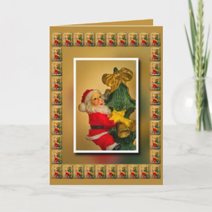 Personalized Santa atop Christmas Tree, Gold White Card