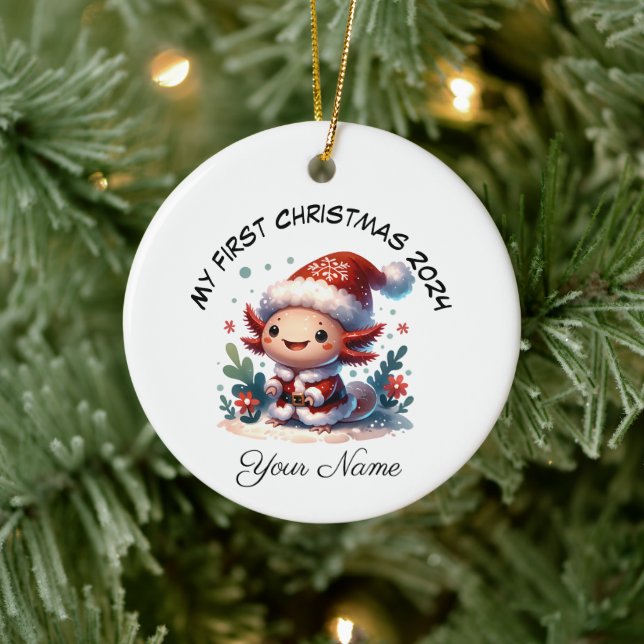 Personalized Santa Axolotl First Christmas Ceramic Ornament (Tree)
