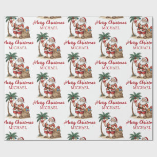 Personalized Santa Beach Tropical Hawaiian Palm    Wrapping Paper
