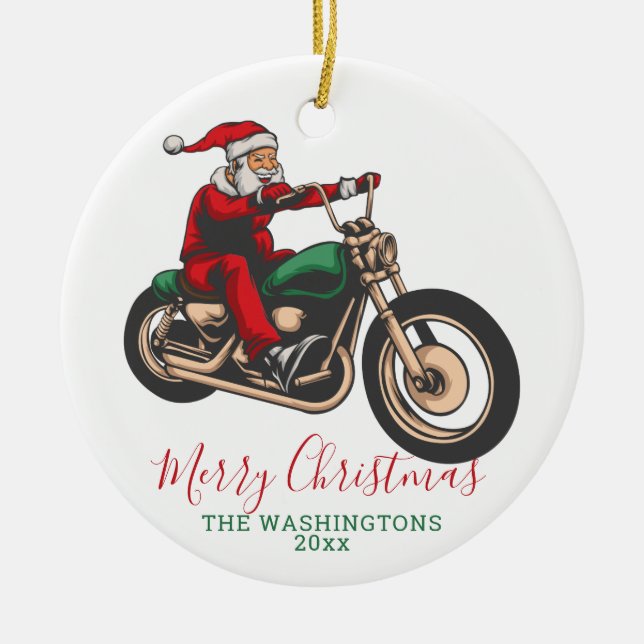 Personalized Santa Biker Christmas Ceramic Ornament (Front)