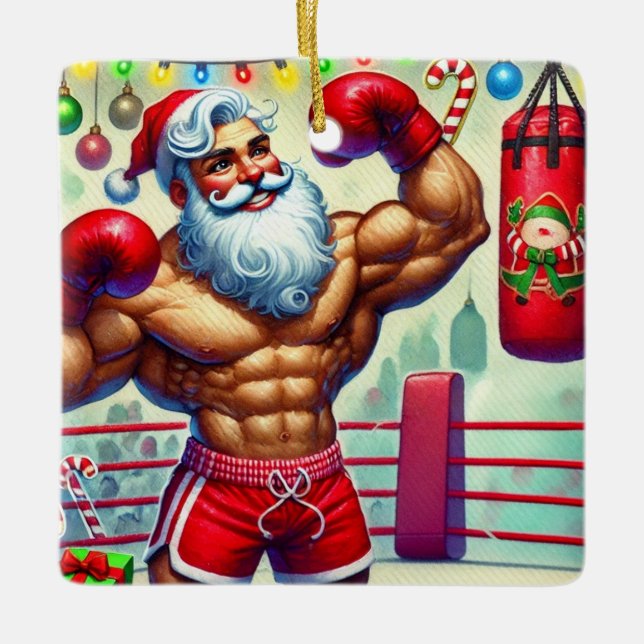Personalized Santa Boxing at Christmas Ceramic Ornament (Front)