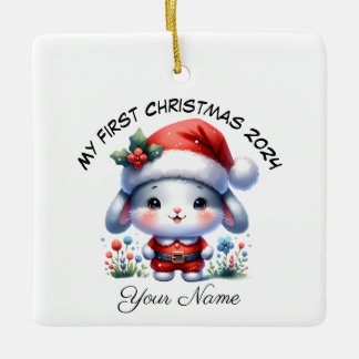 Personalized Santa Bunny First Christmas Ceramic Ornament
