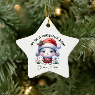 Personalized Santa Bunny First Christmas Ceramic Ornament
