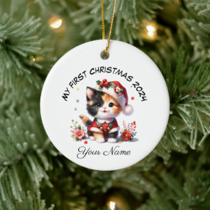 Personalized Santa Calico Kitten First Christmas Ceramic Ornament