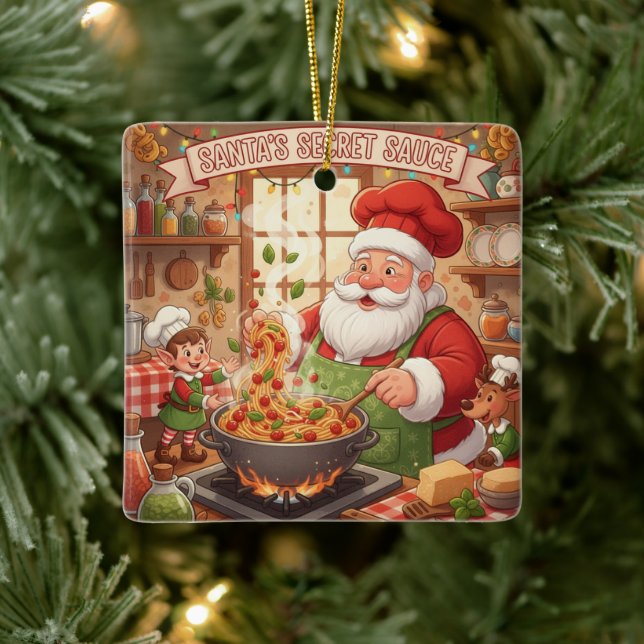 Personalized Santa Chef Pasta Night Ceramic Ornament (Tree)