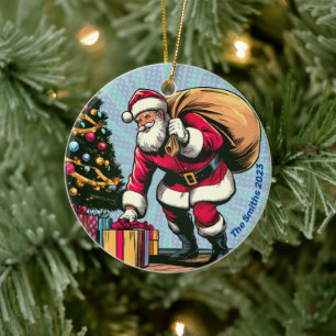 Personalized Santa Claus Delivering Gifts  Ceramic Ornament