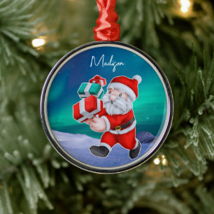 Personalized Santa Claus Northern Lights Christmas Metal Ornament