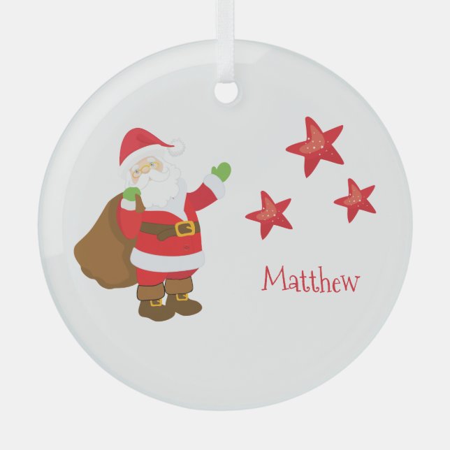 Personalized Santa Claus with Stars  Glass Ornament (Front)