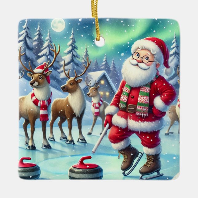 Personalized Santa Curling With His Reindeer Ceramic Ornament (Front)