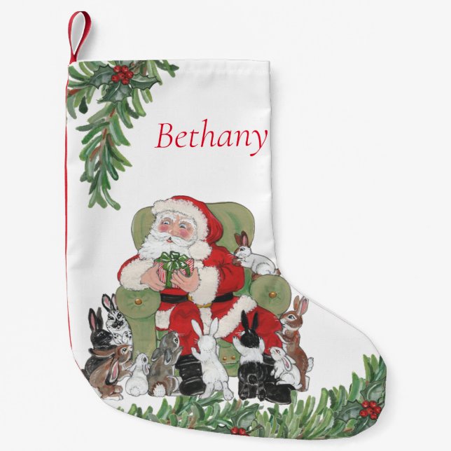 Personalized Santa & Cute Bunny Rabbits Christmas Small Christmas Stocking (Front)