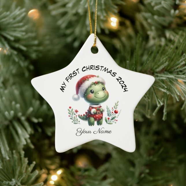 Personalized Santa Dinosaur First Christmas Ceramic Ornament (Tree)