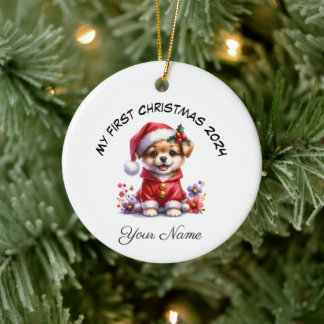 Personalized Santa Dog Puppy First Christmas Ceramic Ornament