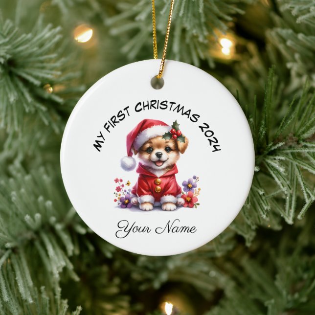 Personalized Santa Dog Puppy First Christmas Ceramic Ornament (Tree)
