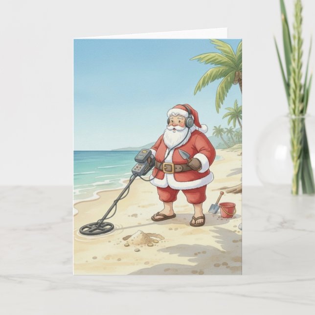 Personalized Santa doing Metal Detecting on beach Holiday Card (Front)