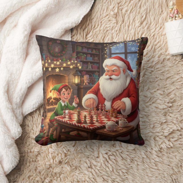 Personalized Santa & Elf Chess Game Christmas Throw Pillow (Blanket)