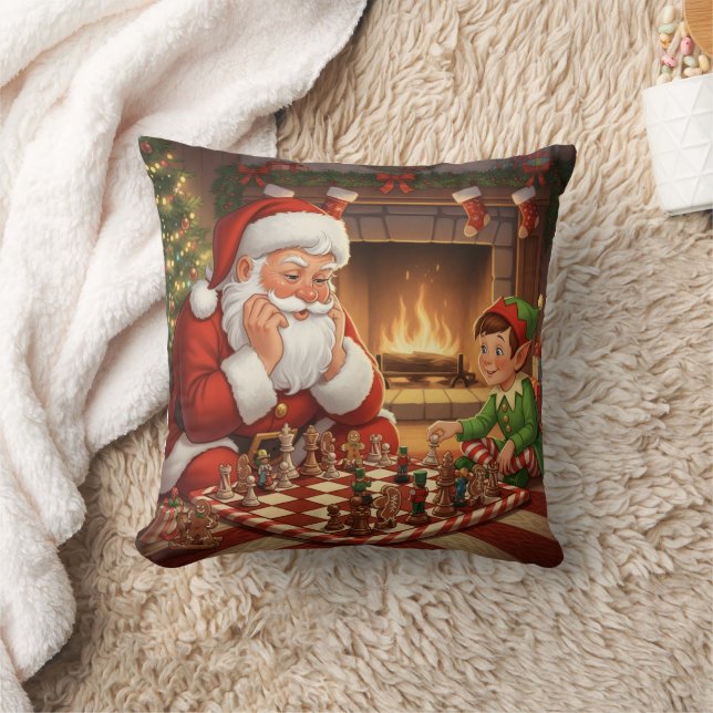 Personalized Santa & Elf Chess Game Christmas Throw Pillow (Blanket)