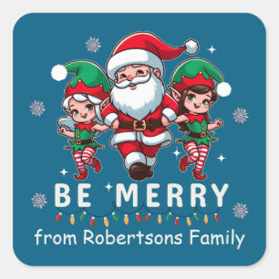 Personalized Santa & Elves Line Dancing Christmas Square Sticker