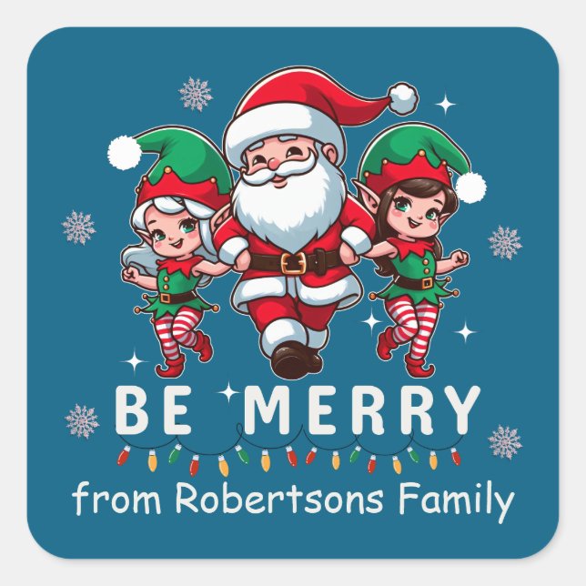 Personalized Santa & Elves Line Dancing Christmas  Square Sticker (Front)